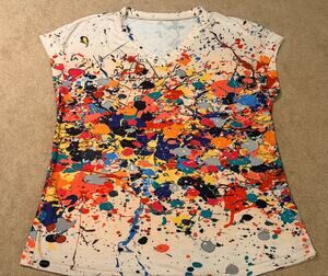 RAPBIN Women Small V-Neck Top T-Shirt Paint Splatter Multicolored Short Sleeve